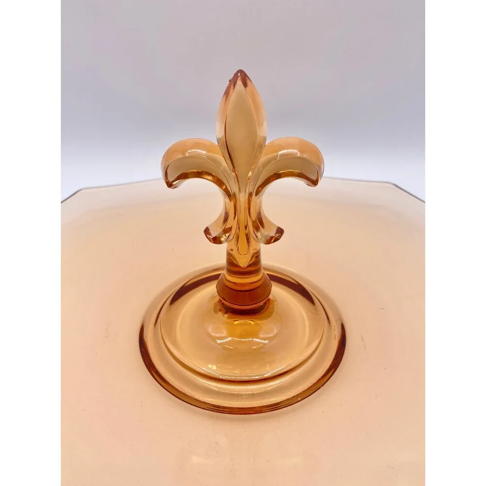 Fostoria Pioneer Amber Glass Serving Dish: Fleur de Lis Handle, Octagon 12”